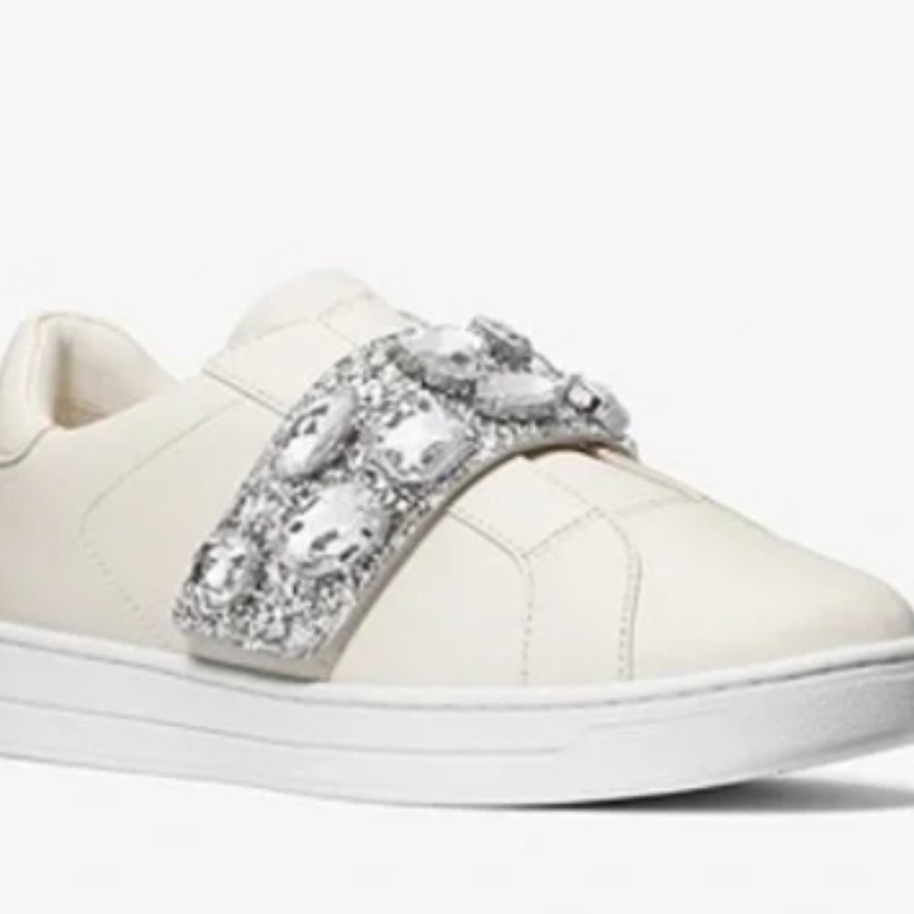 Michael Kors Kenna Leather and Jewel Embellished Glitter Sneaker- Cream